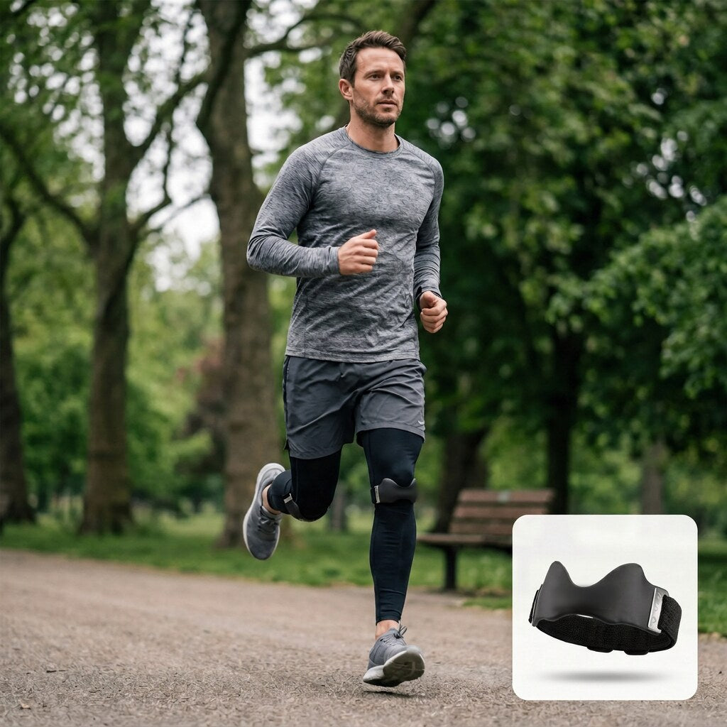 Runner wearing the knee strap in a park