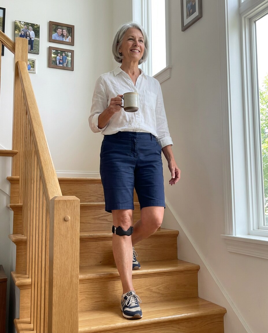 Woman walking down her stairs wearing the knee strap