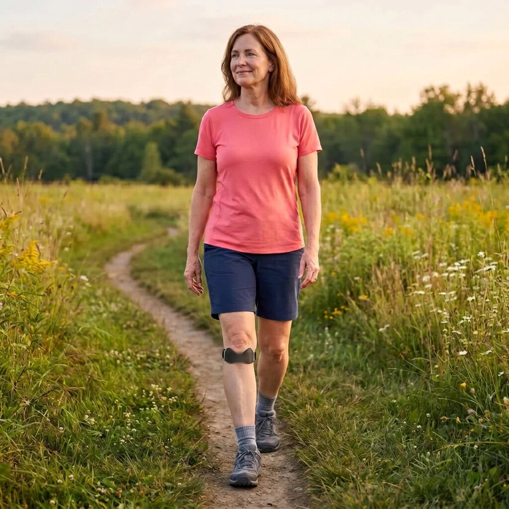 Woman walking on a trail wearing the knee strap
