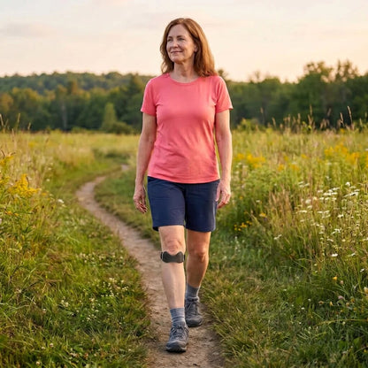 Woman walking on a trail wearing the knee strap