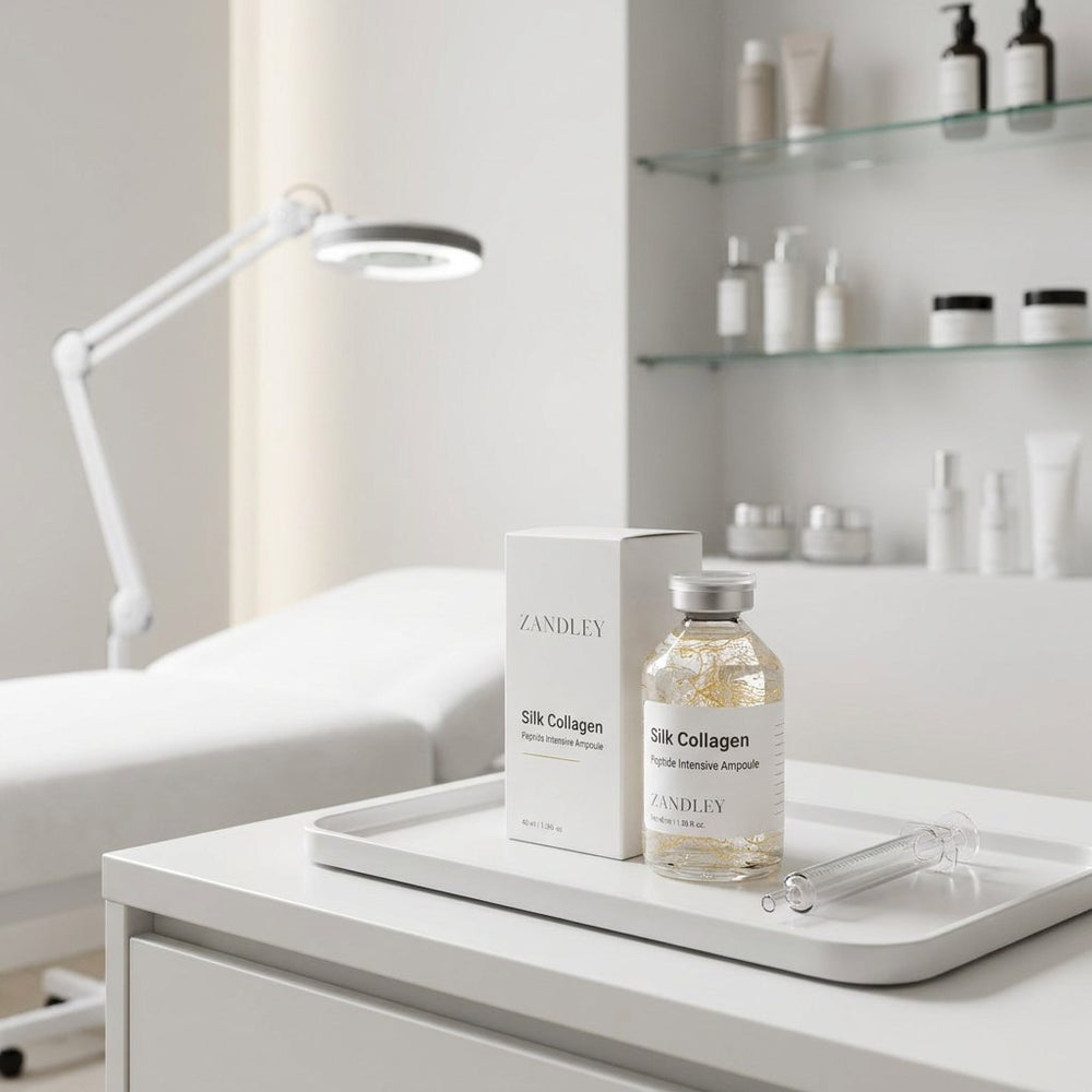 SilkGlow ampoule, box and needle-free applicator in a bright skincare studio