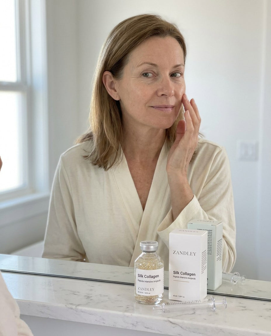 Woman in her fifties checking her skin in the bathroom mirror in the morning, SilkGlow ampoule on the counter