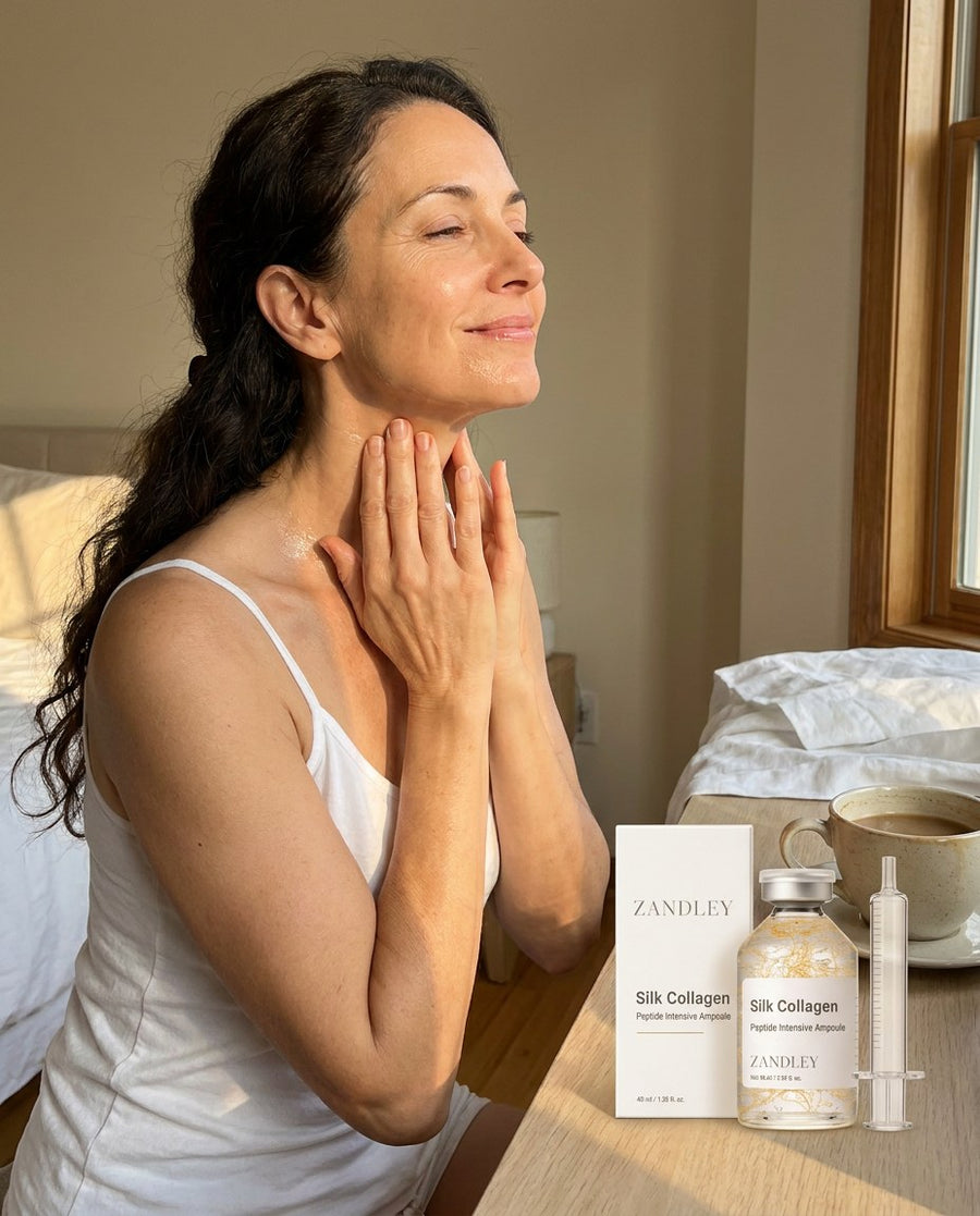 Woman massaging SilkGlow serum into her neck in warm morning light