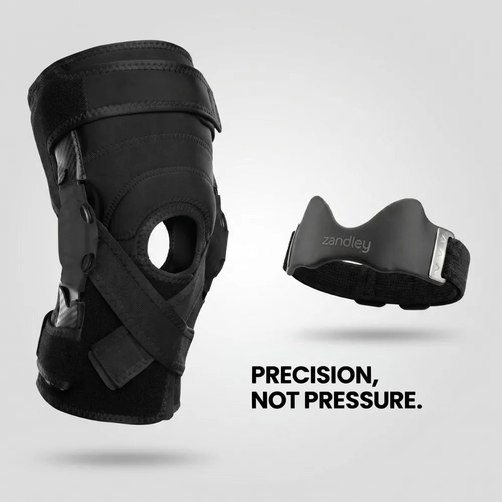 Bulky knee brace next to the Zandley knee strap